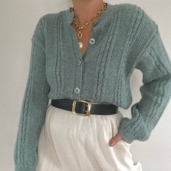 Vintage L.L. Bean Sage Green Mohair Cable Knit Cardigan Sweater - Picture 4 of 13
